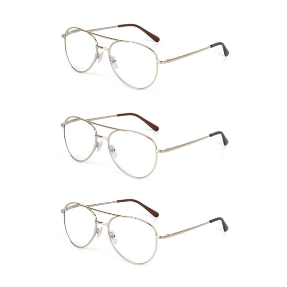 EYE ZOOM 3 Pack Aviator Style Metal Frame Blue Light Blocking Reading Glasses (Gold, +2.00 Strength)