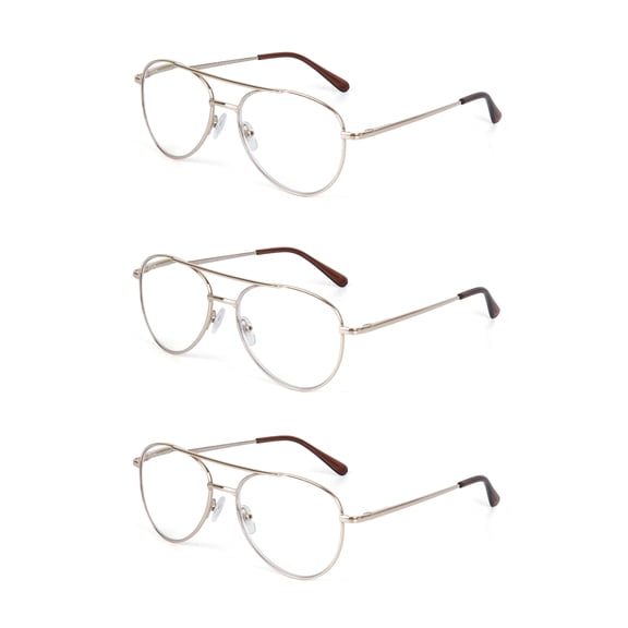 EYE ZOOM 3 Pack Aviator Style Metal Frame Blue Light Blocking Reading Glasses (Gold, +2.50 Strength)