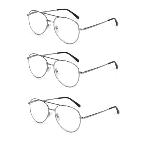 EYE ZOOM 3 Pack Aviator Style Metal Frame Blue Light Blocking Reading Glasses (Gunmetal, +3.50 Strength)