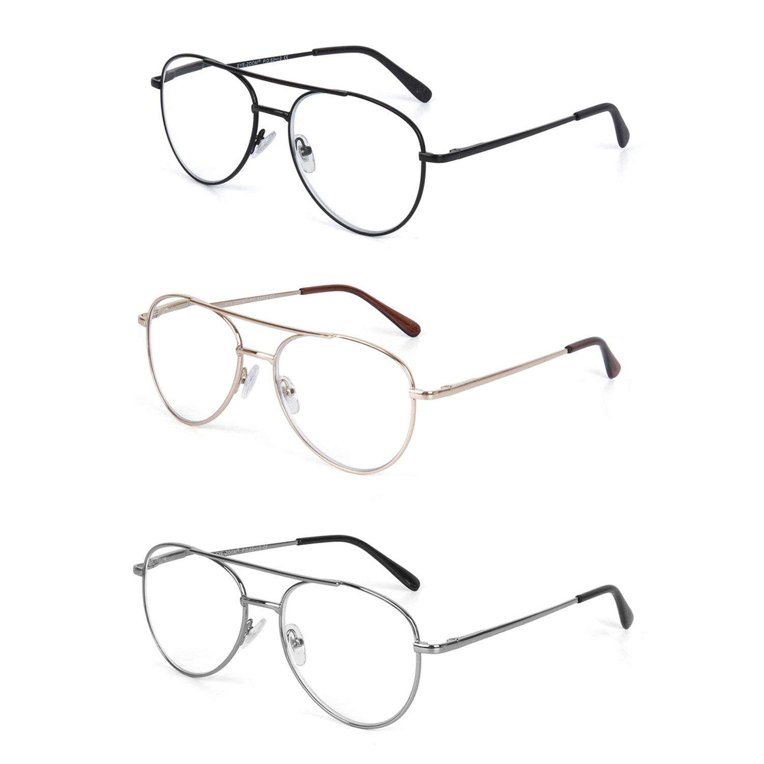 EYE ZOOM 3 Pack Aviator Style Metal Frame Blue Light Blocking Reading Glasses (Multi Color, +1.75 Strength)
