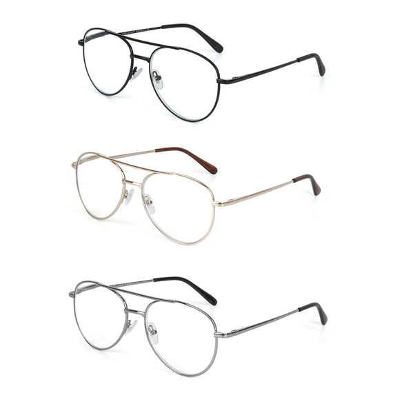 EYE ZOOM 3 Pack Aviator Style Metal Frame Blue Light Blocking Reading Glasses (Multi Color, +3.50 Strength)