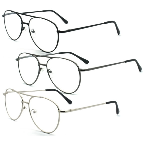 EYE ZOOM 3 Pack Aviator Style Metal Frame Reading Glasses with Spring Hinge, Black, Gunmetal and Silver, +1.50 Strength
