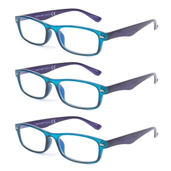 EYE ZOOM 3 Pack Blue Light Blocking EyeGlasses Rectangular Plastic Anti UV Computer Glasses, Blue
