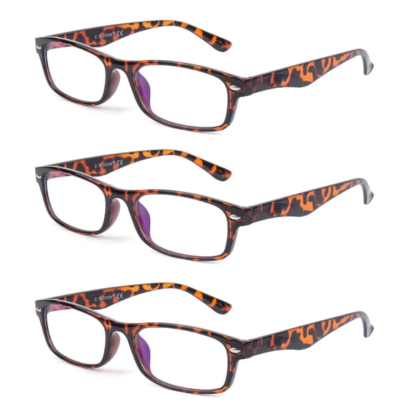 EYE ZOOM 3 Pack Blue Light Blocking EyeGlasses Rectangular Plastic Anti UV Computer Glasses, Tortoise Brown