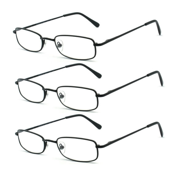 EYE ZOOM 3 Pack Classic Spring Hinges Rectangular Metal Reading Glasses for Men and Women, Black, +1.00 Strength