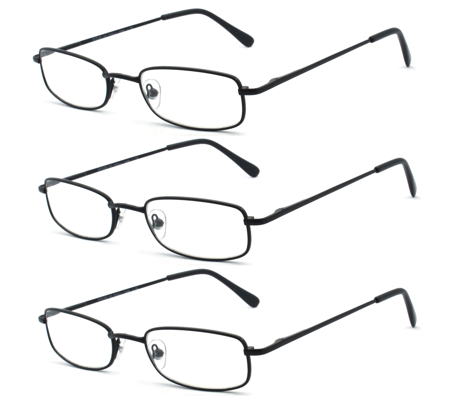 EYE ZOOM 3 Pack Classic Spring Hinges Rectangular Metal Reading Glasses for Men and Women, Black, +1.25 Strength