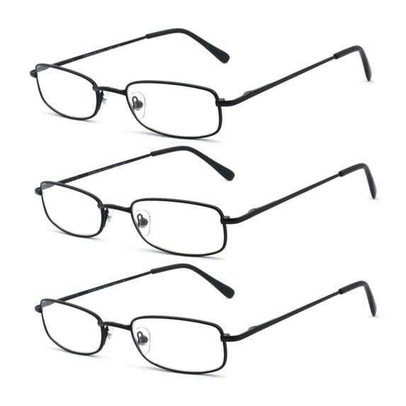 EYE ZOOM 3 Pack Classic Spring Hinges Rectangular Metal Reading Glasses for Men and Women, Black, +3.00 Strength