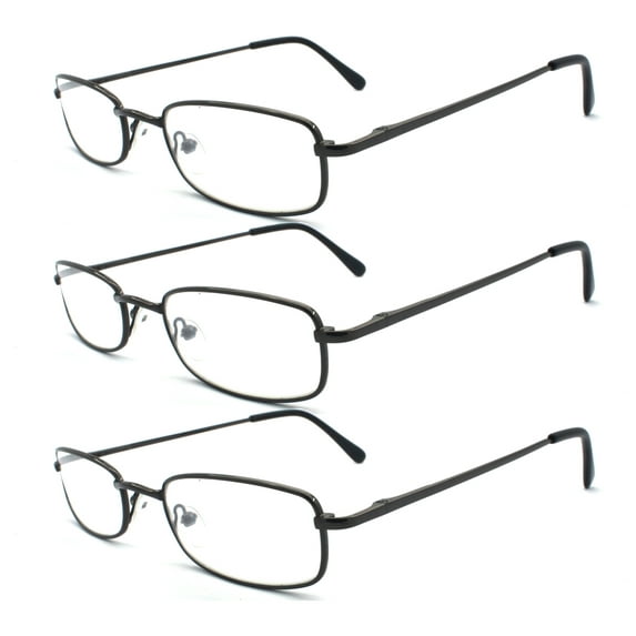 EYE ZOOM 3 Pack Classic Spring Hinges Rectangular Metal Reading Glasses for Men and Women, Gunmetal, +1.75 Strength