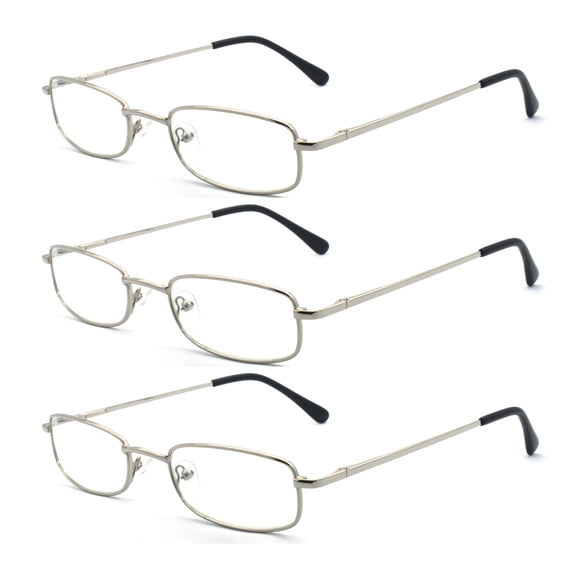 EYE ZOOM 3 Pack Classic Spring Hinges Rectangular Metal Reading Glasses for Men and Women, Silver, +1.75 Strength