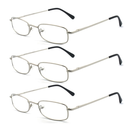 EYE ZOOM 3 Pack Classic Spring Hinges Rectangular Metal Reading Glasses for Men and Women, Silver, +3.50 Strength