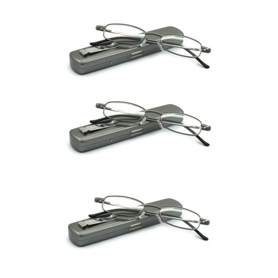 EYE ZOOM 3 Pack Compact Light Metal Portable Reading Glasses with Pocket Hard Case for Men and Women, Gunmetal, +1.75