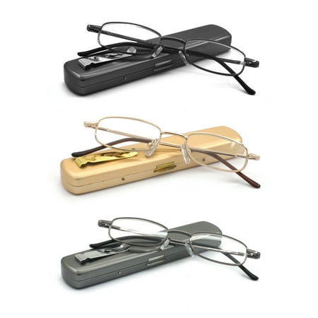 EYE ZOOM 3 Pack Compact Light Metal Portable Reading Glasses with Pocket Hard Case for Men and Women, Multi Color, +3.50