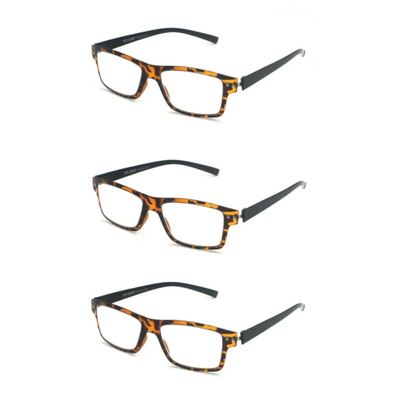 EYE ZOOM 3 Pack Extra Wide Super Light Plastic Frame Trendy Reading Glasses for Men and Women, Tortoise +1.25