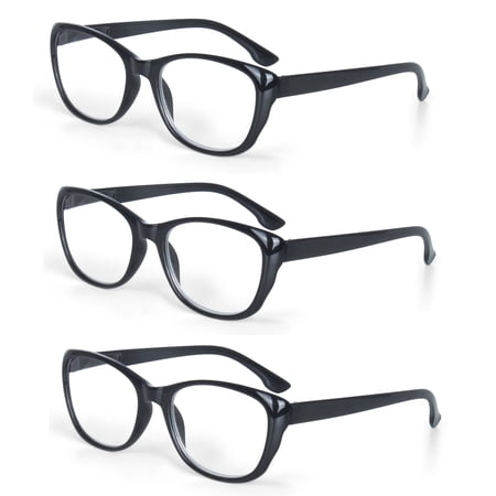 EYE ZOOM 3 Pack Ladies Cat Eye Stylish Style Reading Glasses with Spring Hinge for Women, Black, +1.00 Strength