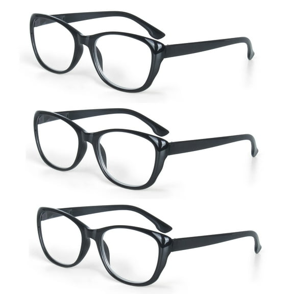 EYE ZOOM 3 Pack Ladies Cat Eye Stylish Style Reading Glasses with Spring Hinge for Women, Black, +1.25 Strength
