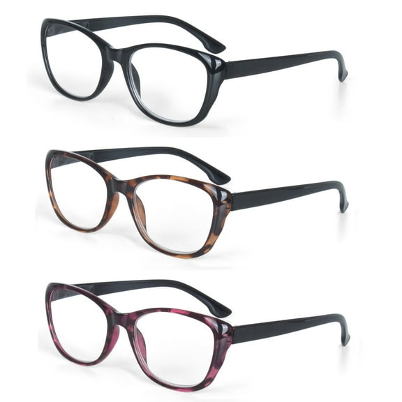 EYE ZOOM 3 Pack Ladies Cat Eye Stylish Style Reading Glasses with Spring Hinge for Women, Black, Brown, Purple, +1.25 Strength