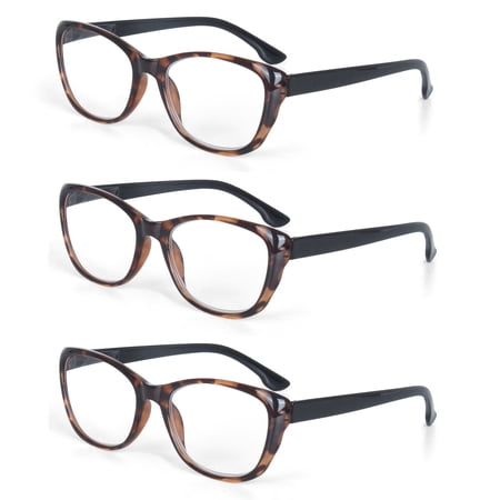 EYE ZOOM 3 Pack Ladies Cat Eye Stylish Style Reading Glasses with Spring Hinge for Women, Brown, +3.50 Strength