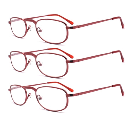 EYE ZOOM 3 Pack Ladies Metal Frame Vintage Style Reading Glasses with Spring Hinge for Women (Pink, Strength: +2.00)