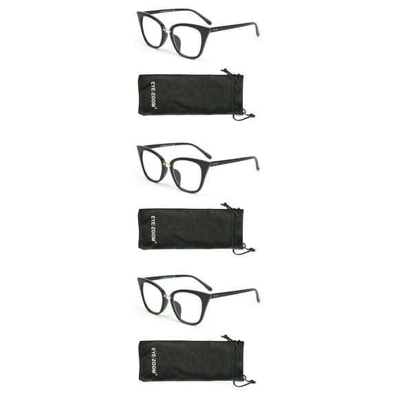 EYE ZOOM 3 Pack Ladies Plastic Frame Cat Eye Style Reading Glasses for Women, Black +1.75