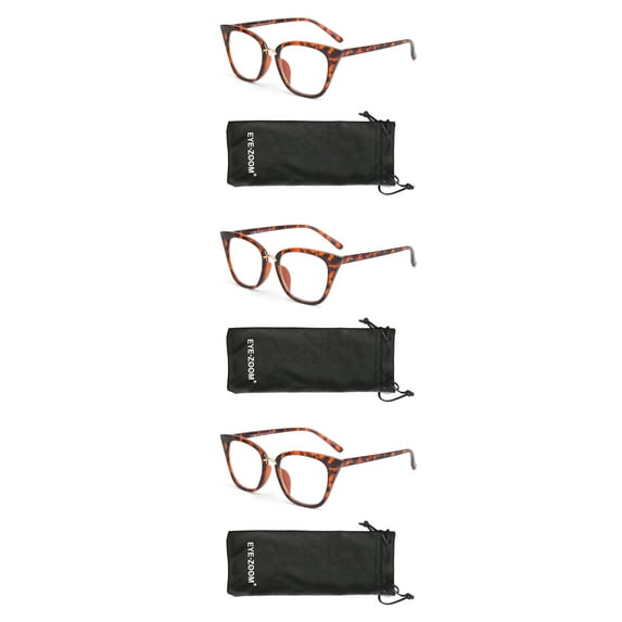 EYE ZOOM 3 Pack Ladies Plastic Frame Cat Eye Style Reading Glasses for Women, Tortoise Brown +2.50