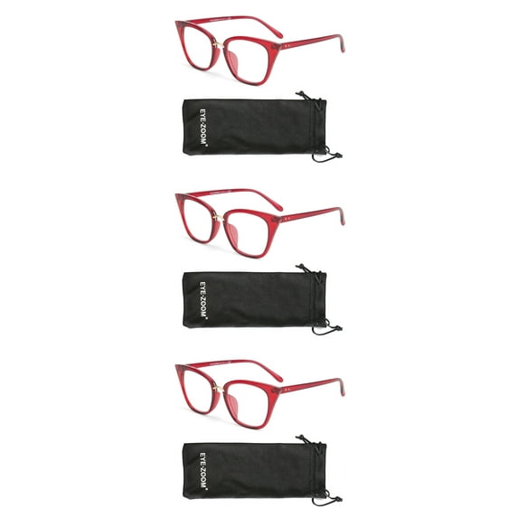 EYE ZOOM 3 Pack Ladies Plastic Frame Cat Eye Style Reading Glasses for Women, Wine Red +2.50