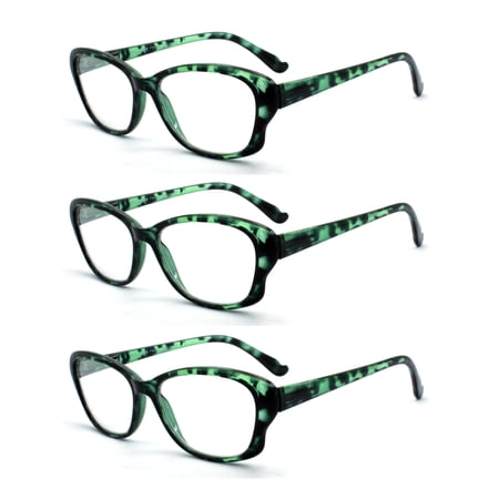 EYE ZOOM 3 Pack Ladies Tortoise Shell Plastic Frame Cat Eye Style Reading Glasses for Women, Green, +2.75