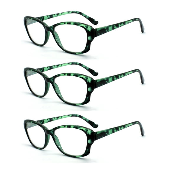 EYE ZOOM 3 Pack Ladies Tortoise Shell Plastic Frame Cat Eye Style Reading Glasses for Women, Green, +3.00