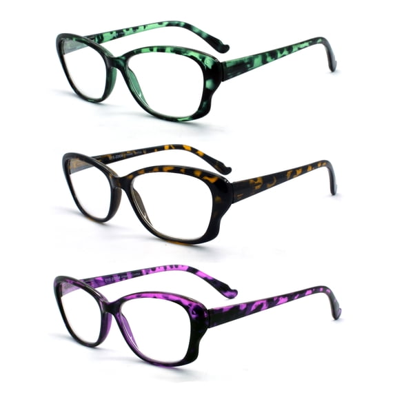 EYE ZOOM 3 Pack Ladies Tortoise Shell Plastic Frame Cat Eye Style Reading Glasses for Women, Green, Yellow, Purple, +2.00