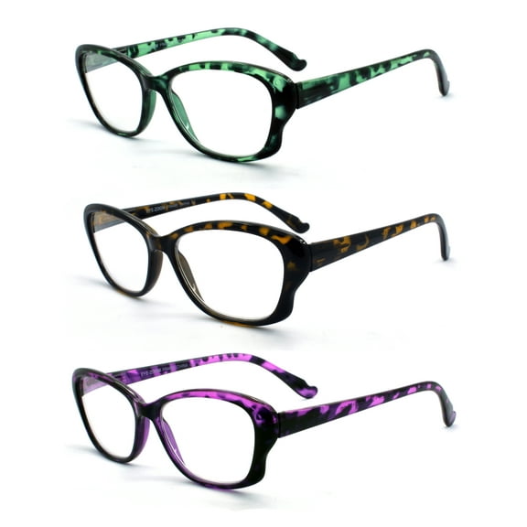 EYE ZOOM 3 Pack Ladies Tortoise Shell Plastic Frame Cat Eye Style Reading Glasses for Women, Green, Yellow, Purple, +2.75