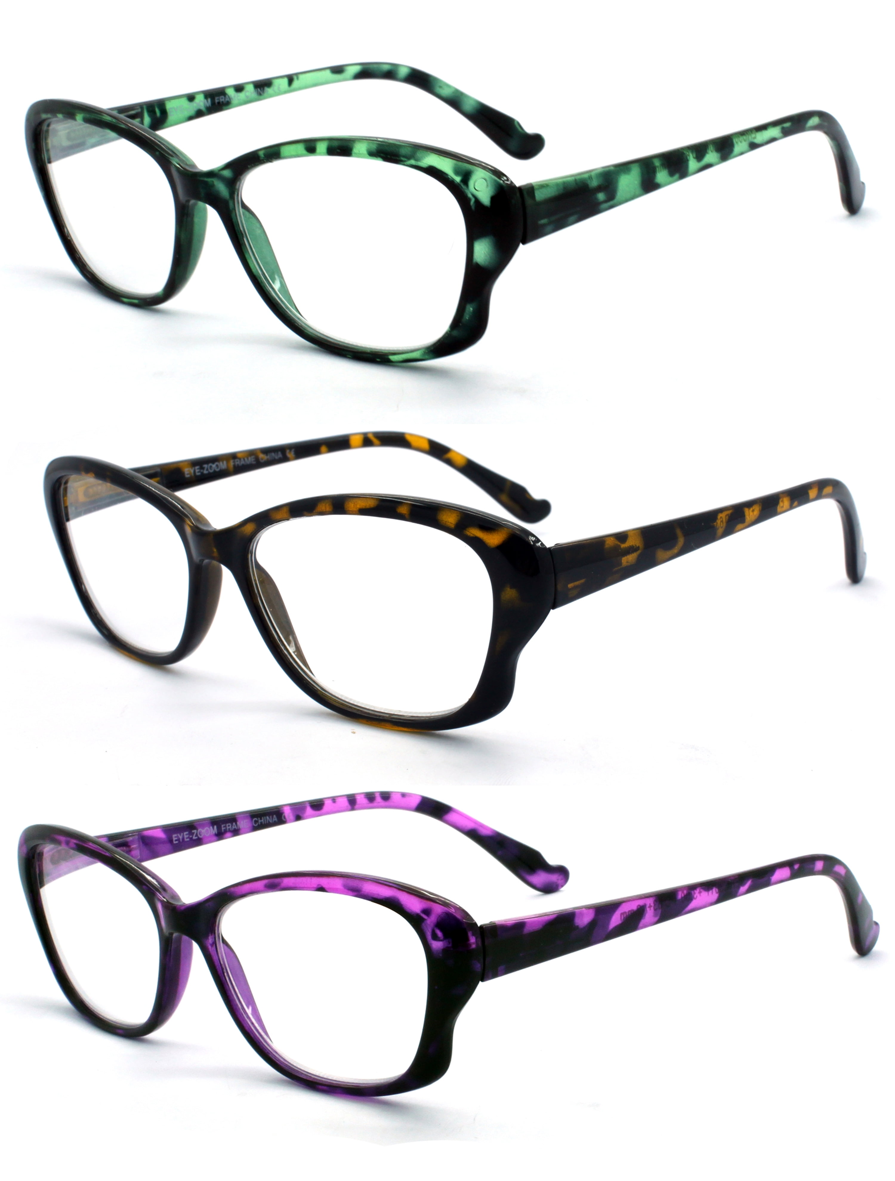 EYE ZOOM 3 Pack Ladies Tortoise Shell Plastic Frame Cat Eye Style Reading Glasses for Women, Green, Yellow, Purple, +3.00