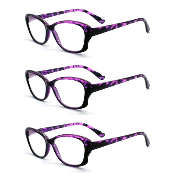 EYE ZOOM 3 Pack Ladies Tortoise Shell Plastic Frame Cat Eye Style Reading Glasses for Women, Purple, +1.00