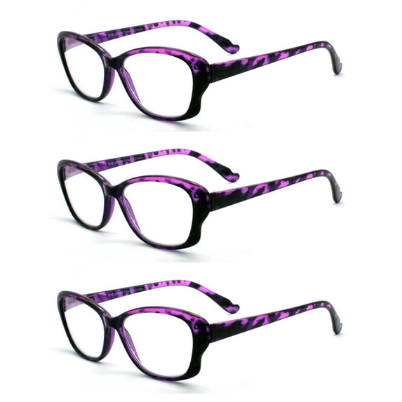 EYE ZOOM 3 Pack Ladies Tortoise Shell Plastic Frame Cat Eye Style Reading Glasses for Women, Purple, +2.25