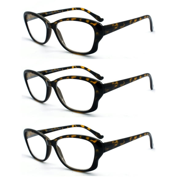 EYE ZOOM 3 Pack Ladies Tortoise Shell Plastic Frame Cat Eye Style Reading Glasses for Women, Yellow, +2.50