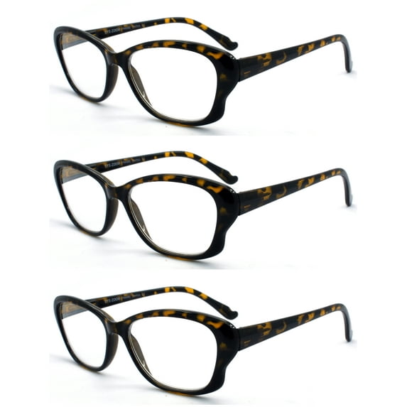 EYE ZOOM 3 Pack Ladies Tortoise Shell Plastic Frame Cat Eye Style Reading Glasses for Women, Yellow, +3.00