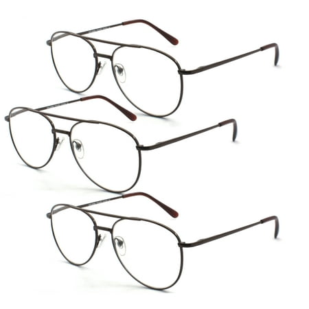 EYE ZOOM 3 Pack Metal Frame Aviator Style Reading Glasses with Spring Hinge (Brown, Strength: +3.50)