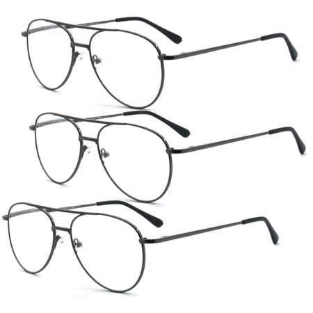 EYE ZOOM 3 Pack Metal Frame Aviator Style Reading Glasses with Spring Hinge (Gunmetal, Strength: +3.50)
