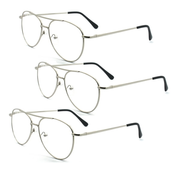 EYE ZOOM 3 Pack Metal Frame Aviator Style Reading Glasses with Spring Hinge (Silver, Strength: +1.00)