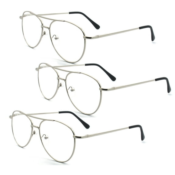 EYE ZOOM 3 Pack Metal Frame Aviator Style Reading Glasses with Spring Hinge (Silver, Strength: +2.75)