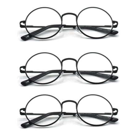 EYE ZOOM 3 Pack Metal Frame Round Reading Glasses with Spring Hinge (Black, +2.25 Strength)