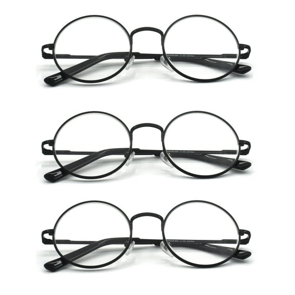 EYE ZOOM 3 Pack Metal Frame Round Reading Glasses with Spring Hinge (Black, +2.75 Strength)
