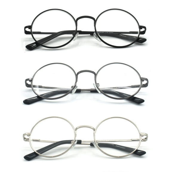 EYE ZOOM 3 Pack Metal Frame Round Reading Glasses with Spring Hinge (Black, Silver and Gunmetal, +1.00 Strength)