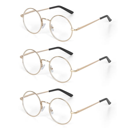 EYE ZOOM 3 Pack Metal Frame Round Reading Glasses with Spring Hinge (Gold, +2.50 Strength)