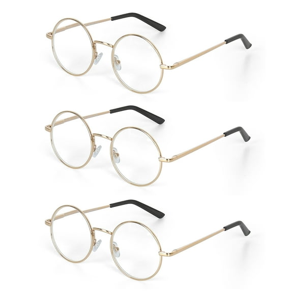 EYE ZOOM 3 Pack Metal Frame Round Reading Glasses with Spring Hinge (Gold, +2.50 Strength)