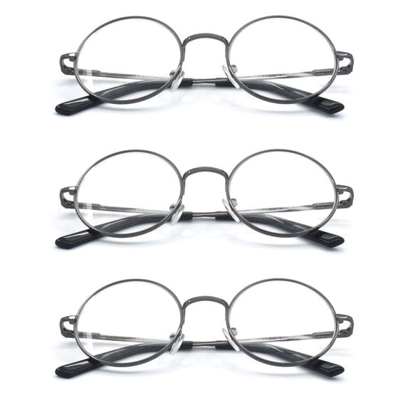 EYE ZOOM 3 Pack Metal Frame Round Reading Glasses with Spring Hinge (Gunmetal, +3.00 Strength)