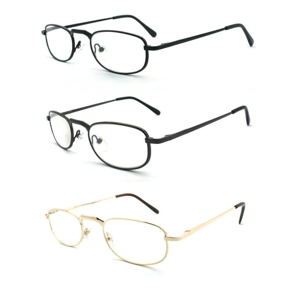 EYE ZOOM 3 Pack Metal Frame Vintage Style Reading Glasses with Spring Hinge for Men and Women (Black, Gold and Gunmetal, Strength: +1.50)