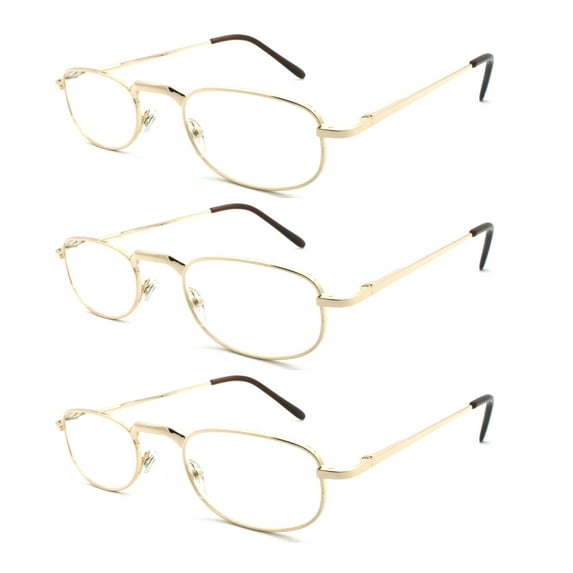 EYE ZOOM 3 Pack Metal Frame Vintage Style Reading Glasses with Spring Hinge for Men and Women (Gold, Strength: +2.00)