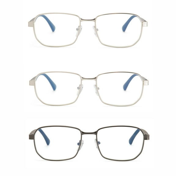 EYE ZOOM 3 Pack Metal Vintage Style Blue Light Blocking Reading Glasses, Gunmetal and Silver +3.00