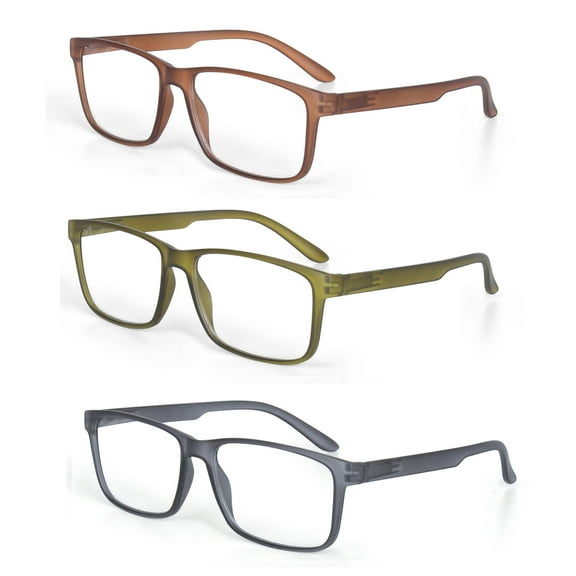 EYE ZOOM 3 Pack Plastic Frame Classic Rectangular Reading Glasses with Spring Hinge, Brown, Green and Grey +3.50 Strength