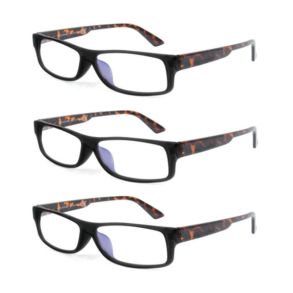 EYE ZOOM 3 Pack Rectangular Plastic Blue Light Blocking Eyeglasses Anti UV Computer Glasses, Gray