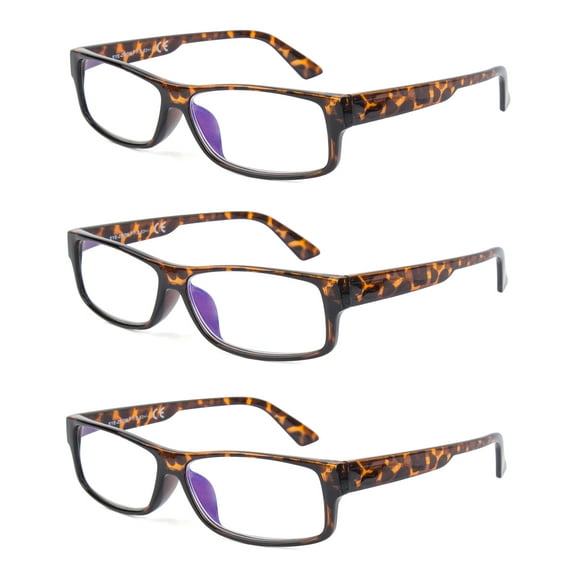 EYE ZOOM 3 Pack Rectangular Plastic Blue Light Blocking Eyeglasses Anti UV Computer Glasses, Tortoise Brown